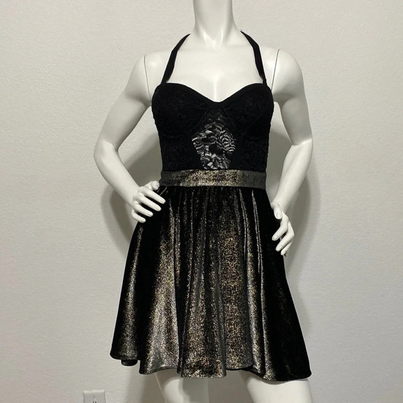 bebe *NEW* Gold Black & Metallic Romantic Whimsy Goth Velour Y2K Mini Dress *SP - Picture 2 of 9